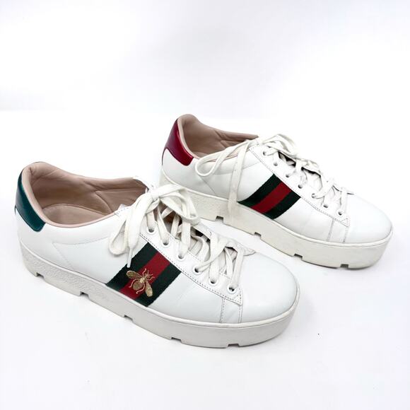 GUCCI Calfskin Web Bee Embroidered Womens Ace Platform Sneaker White EU 40.5 - Picture 5 of 15